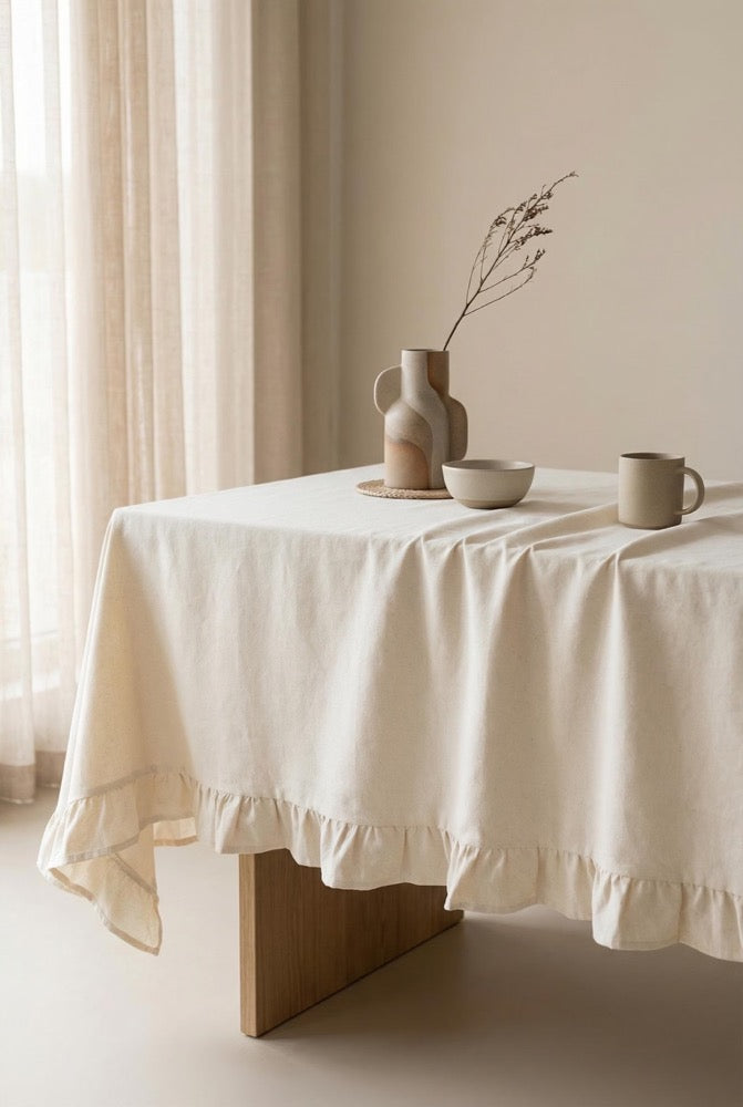Linen Ruffle Tablecloth Rectangle, Custom Tablecloth Round, Vintage Tablecloths Boho, Housewarming Gift for Her