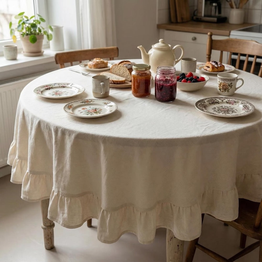 Ruffle Tablecloth Round, Custom Tablecloth Linen, Vintage Table Cloth Christmas, Housewarming Gift For Her