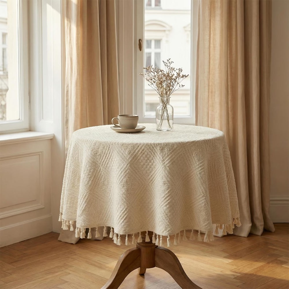 Vintage Round Tablecloth, Woven Cotton Tablecloth with Tassels, Boho Custom Tablecloth, Coffee Table Cloth
