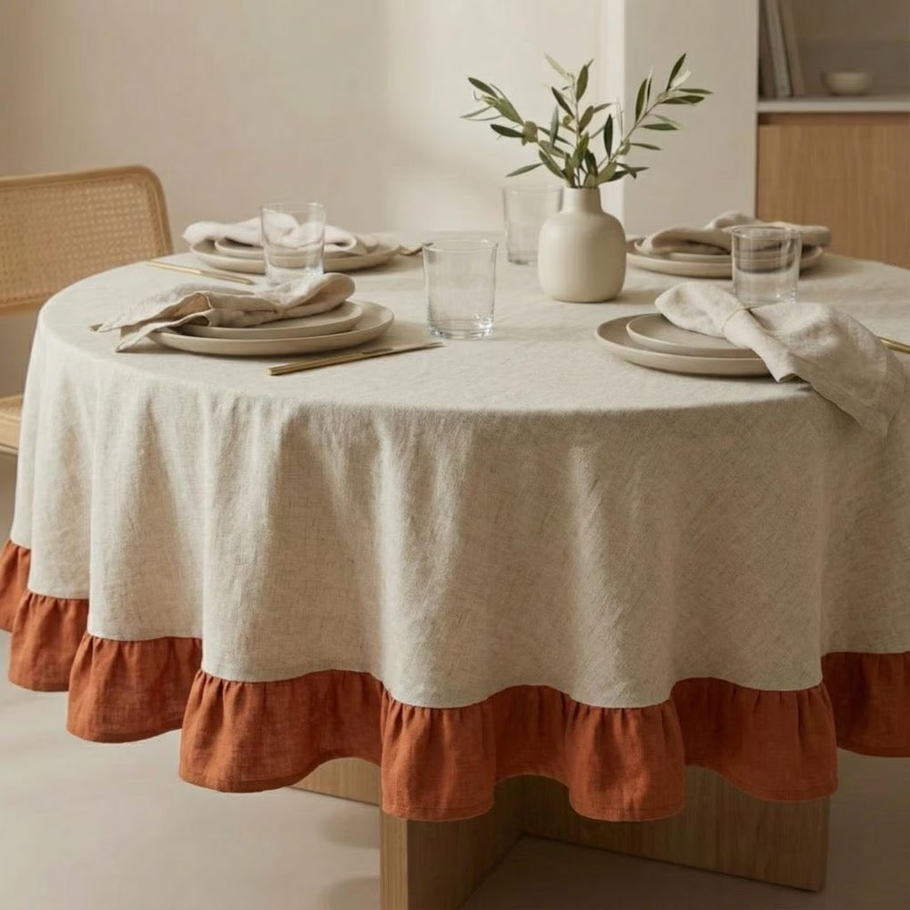 Colored Ruffled Round Tablecloth, Cotton Linen Ruffle Tablecloth, Custom Round Table Cloth