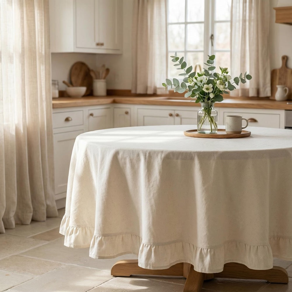 Ruffle Tablecloth Round, Custom Tablecloth Linen, Vintage Table Cloth Christmas, Housewarming Gift For Her