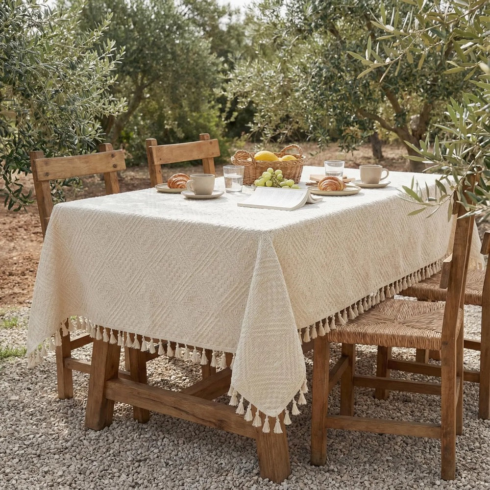 Cotton Vintage Tablecloth With Tassels, Custom Tablecloth Rectangle, Coffee Table Cloth,Housewarming Gift For Her
