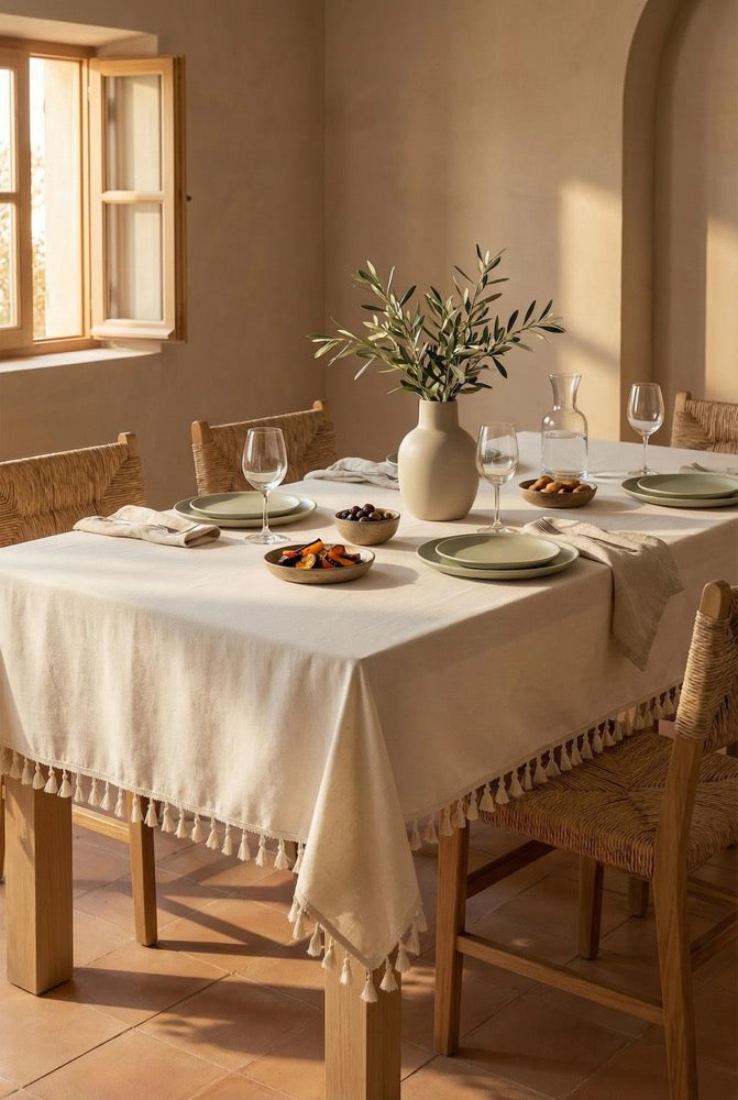 Linen Tablecloth With Tassels, Custom Tablecloth Rectangle, Housewarming Gift For Her, Vintage Table Cloth