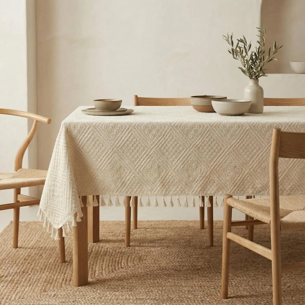 Cotton Vintage Tablecloth With Tassels, Custom Tablecloth Rectangle, Coffee Table Cloth,Housewarming Gift For Her