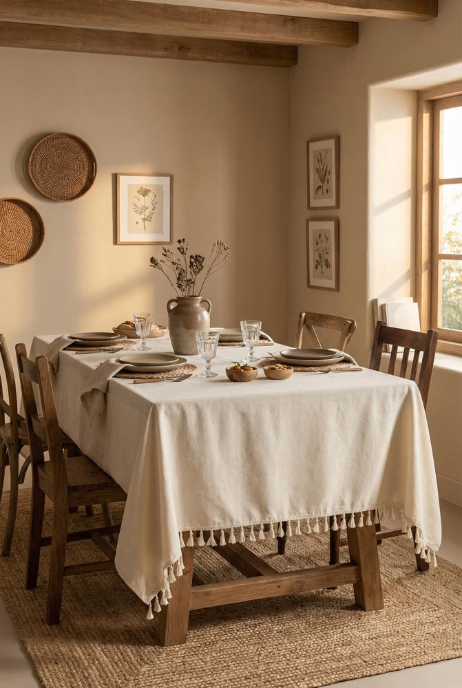Linen Tablecloth With Tassels, Custom Tablecloth Rectangle, Housewarming Gift For Her, Vintage Table Cloth