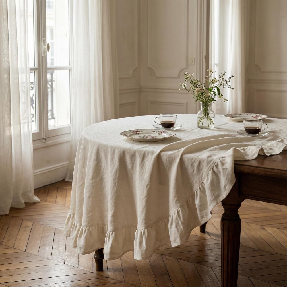 Ruffle Tablecloth Round, Custom Tablecloth Linen, Vintage Table Cloth Christmas, Housewarming Gift For Her