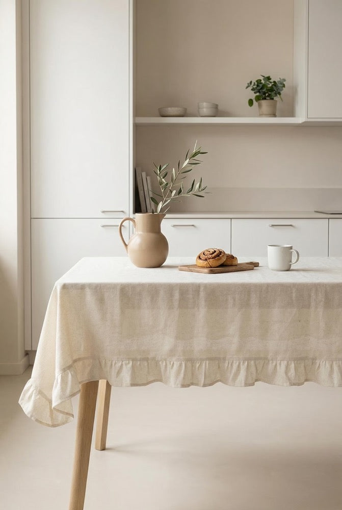 Linen Ruffle Tablecloth Rectangle, Custom Tablecloth Round, Vintage Tablecloths Boho, Housewarming Gift for Her