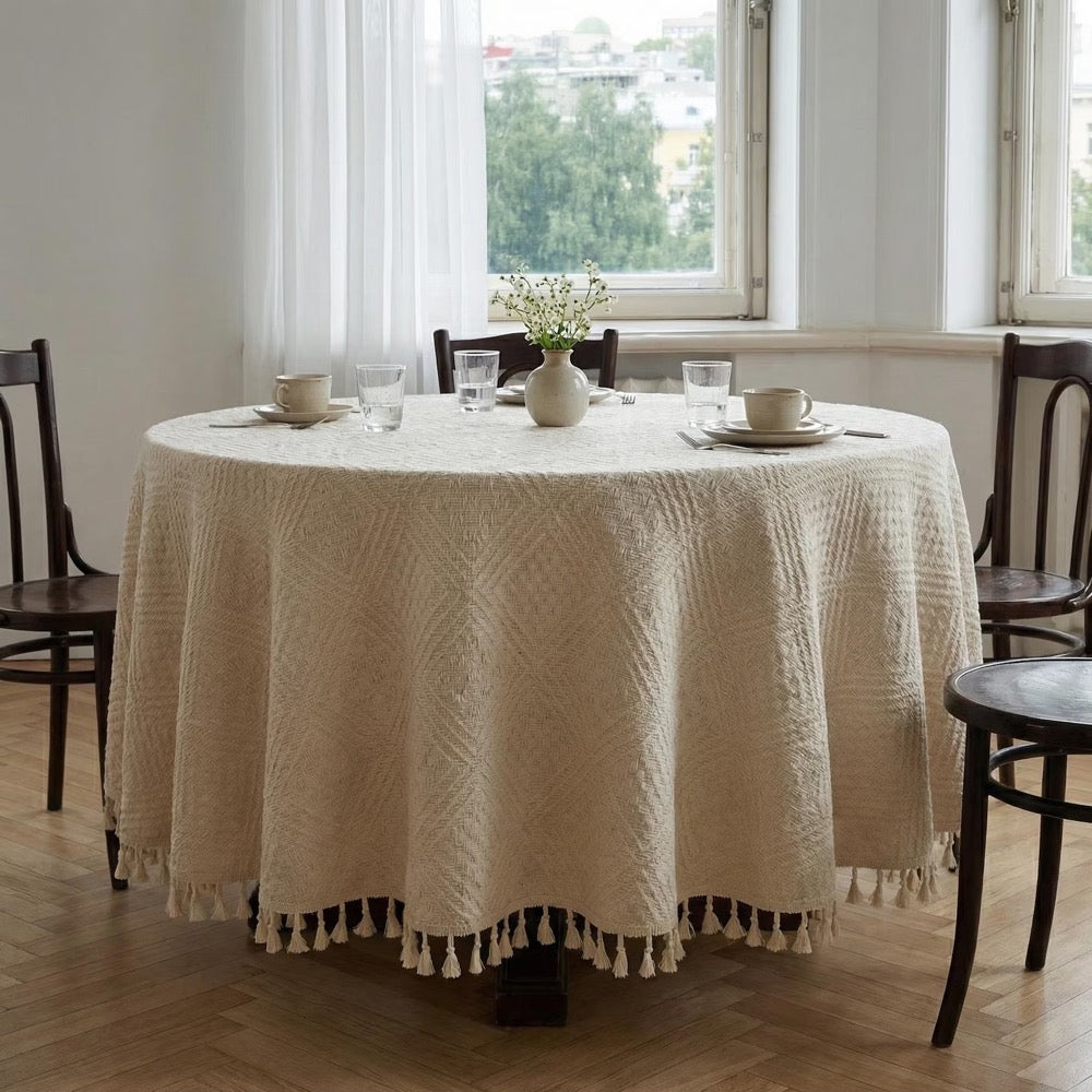 Vintage Round Tablecloth, Woven Cotton Tablecloth with Tassels, Boho Custom Tablecloth, Coffee Table Cloth