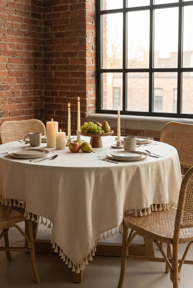 Linen Tablecloth With Tassels, Custom Tablecloth Rectangle, Housewarming Gift For Her, Vintage Table Cloth