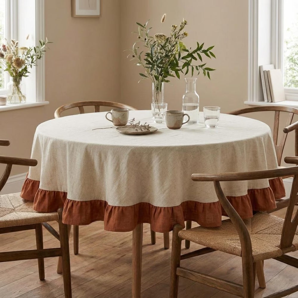 Colored Ruffled Round Tablecloth, Cotton Linen Ruffle Tablecloth, Custom Round Table Cloth