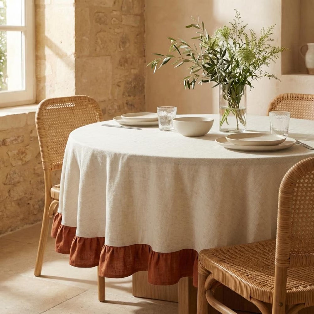 Colored Ruffled Round Tablecloth, Cotton Linen Ruffle Tablecloth, Custom Round Table Cloth