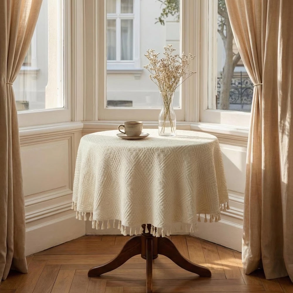 Vintage Round Tablecloth, Woven Cotton Tablecloth with Tassels, Boho Custom Tablecloth, Coffee Table Cloth