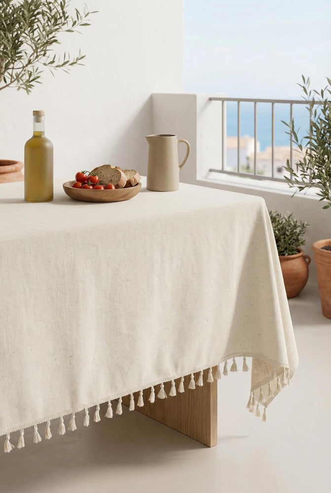 Linen Tablecloth With Tassels, Custom Tablecloth Rectangle, Housewarming Gift For Her, Vintage Table Cloth