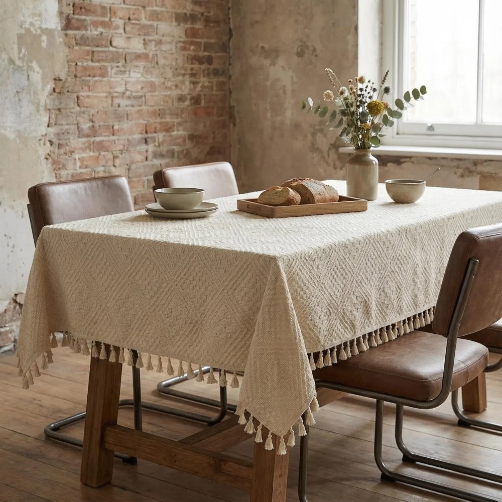 Cotton Vintage Tablecloth With Tassels, Custom Tablecloth Rectangle, Coffee Table Cloth,Housewarming Gift For Her