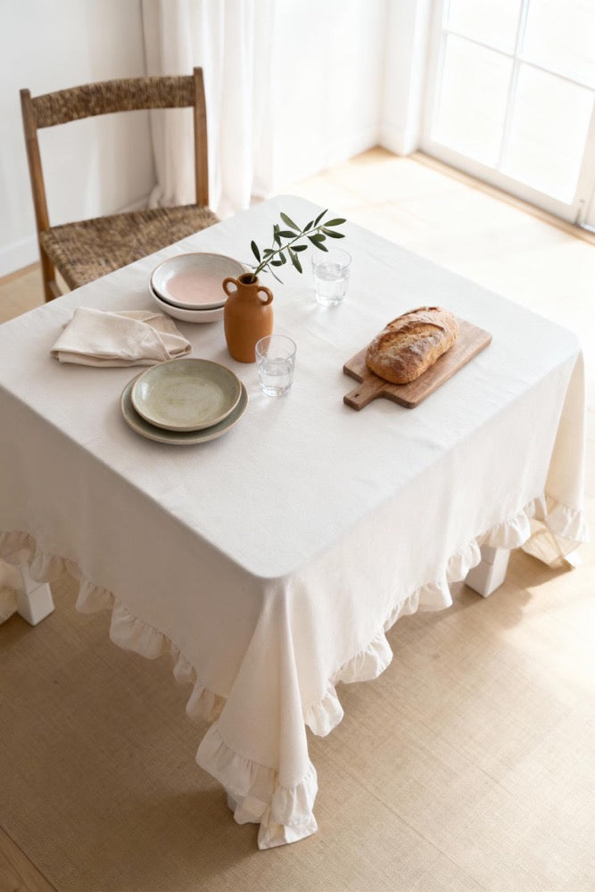 Linen Ruffle Tablecloth Rectangle, Custom Tablecloth Round, Vintage Tablecloths Boho, Housewarming Gift for Her