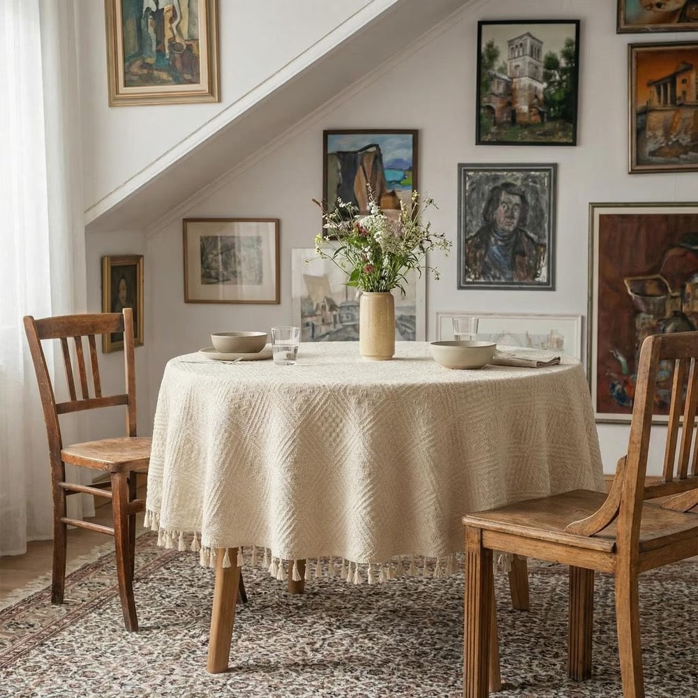 Vintage Round Tablecloth, Woven Cotton Tablecloth with Tassels, Boho Custom Tablecloth, Coffee Table Cloth