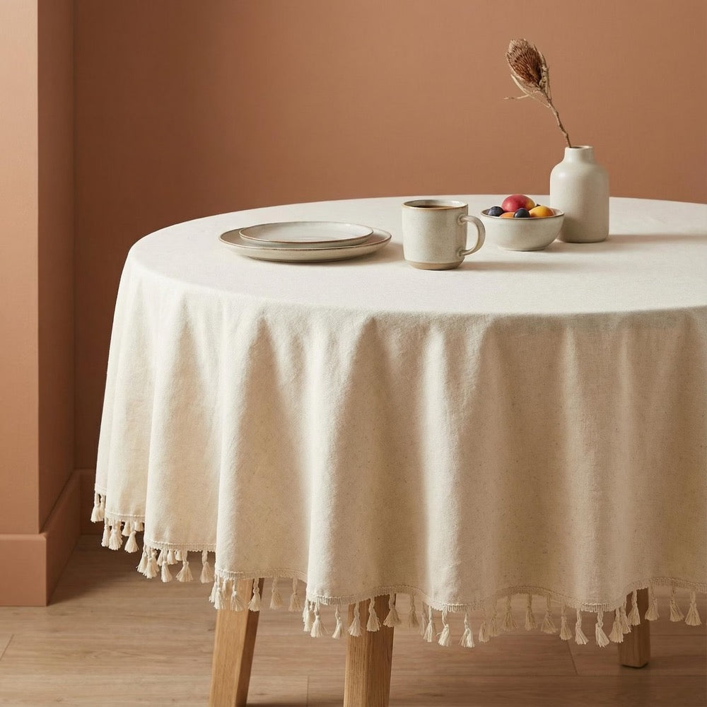 Linen Tablecloth With Tassels, Custom Tablecloth Rectangle, Housewarming Gift For Her, Vintage Table Cloth
