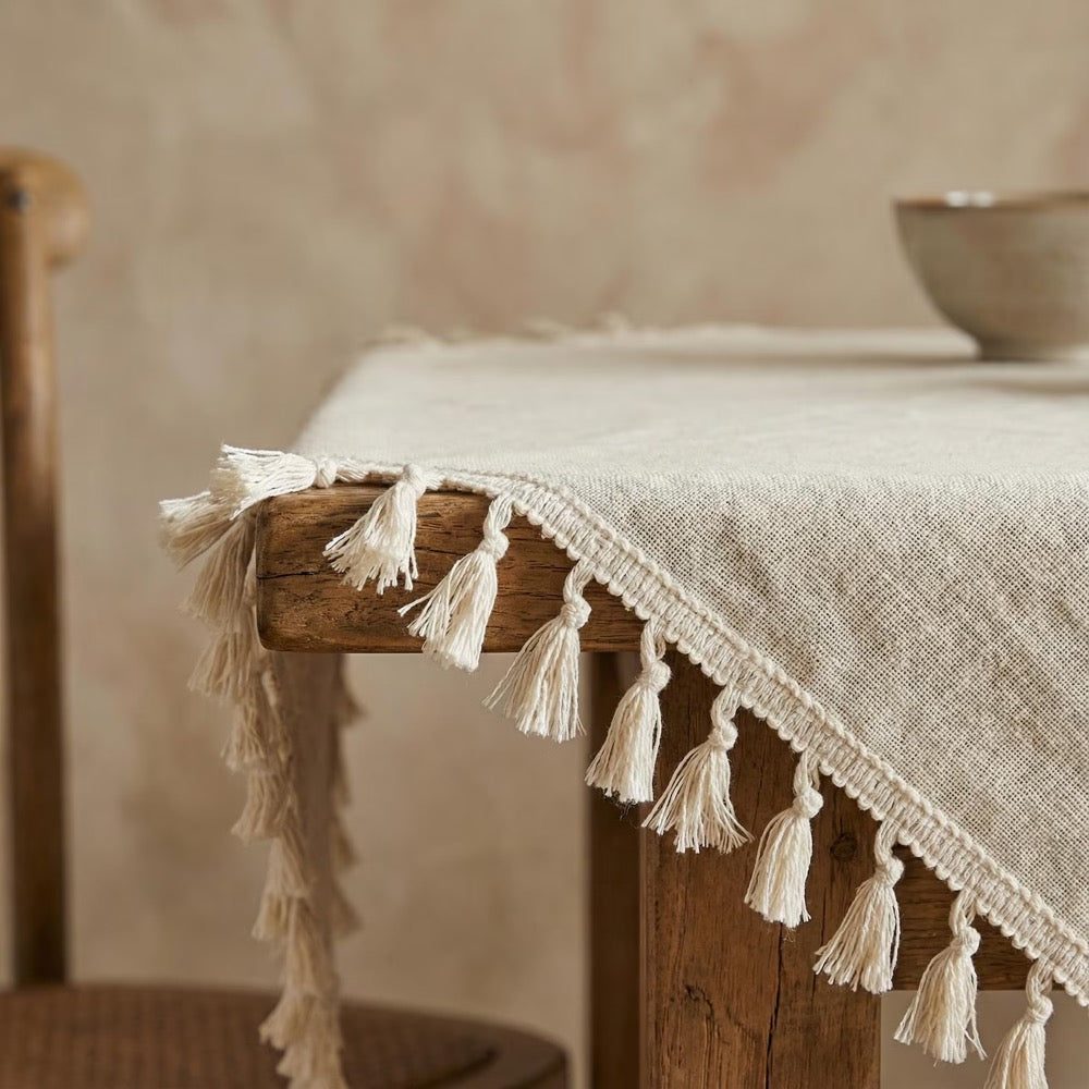 Linen Tablecloth With Tassels, Custom Tablecloth Rectangle, Housewarming Gift For Her, Vintage Table Cloth